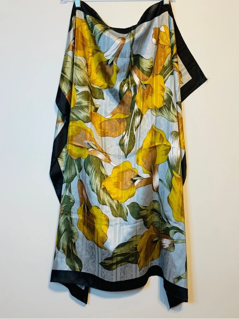 Yellow Floral Satin Scarf/Shawl with Black Trim IMPORTED BY PEACOCK SILK